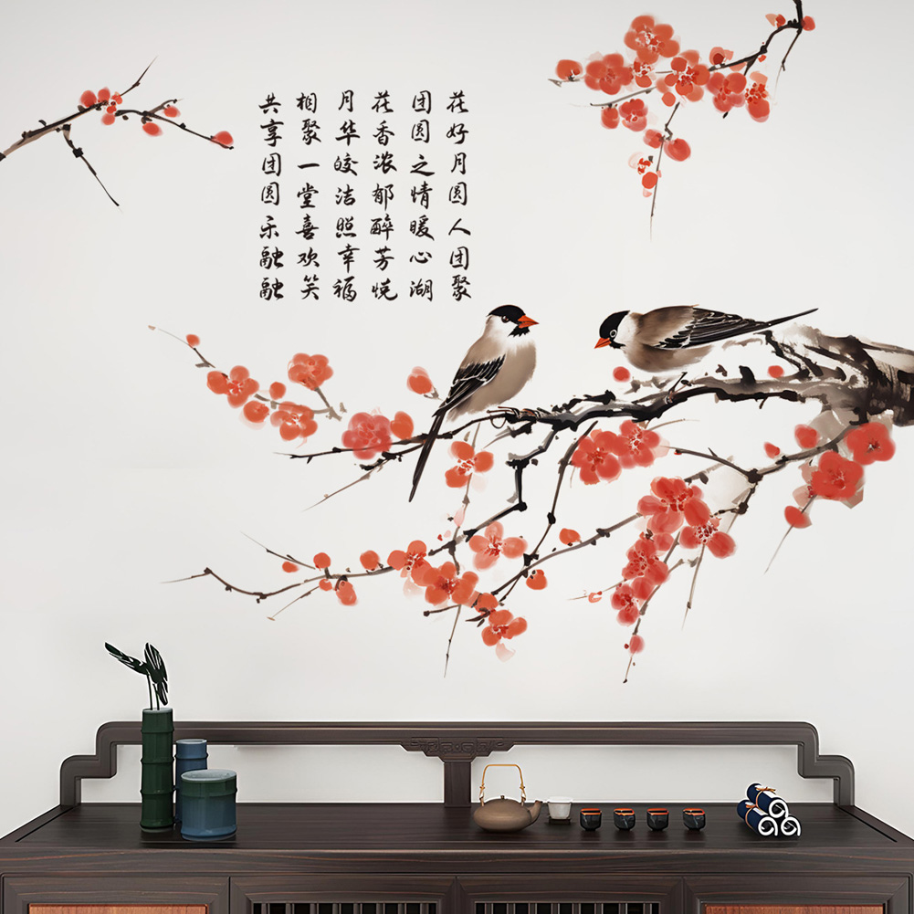 Home Decor Indonesia - 中国風の梅の花鳥ウォールステッカーリビングルームの背景装飾デカール寝室の家の装飾自己粘着壁画