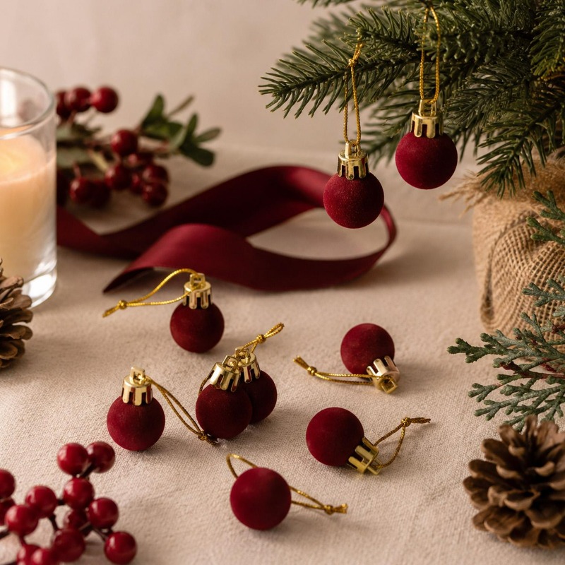 2cmのワインレッドのベルベット製クリスマスボール。ミニサイ - Home Decor Indonesia のレビューと価格