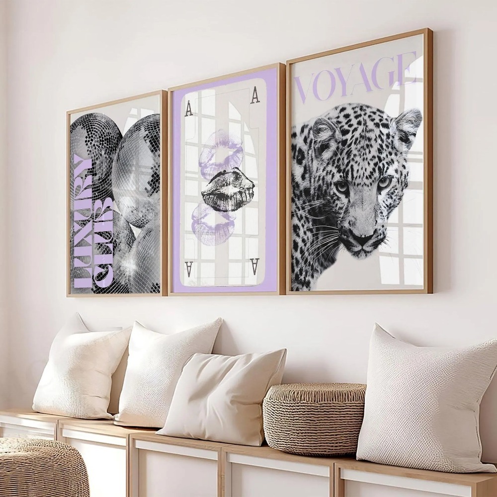 3ピース フレームレス ヒョウ柄、黒と白のギャラリーファッシ - Home Decor Y2K のレビューと価格
