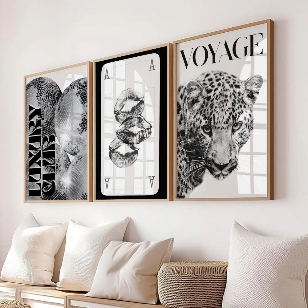 3ピース フレームレス ヒョウ柄、黒と白のギャラリーファッシ - Home Decor Y2K のレビューと価格